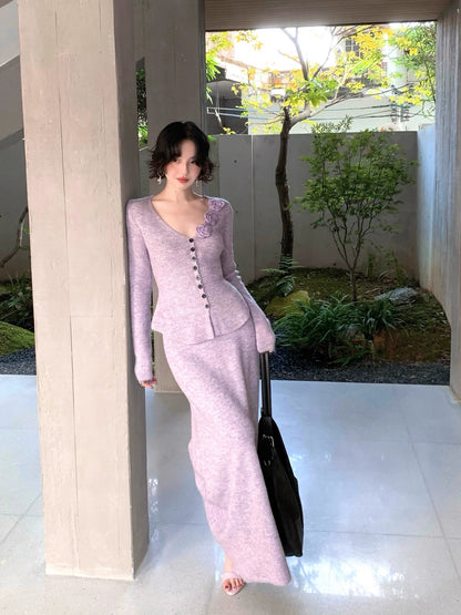 Three-Dimensional Flower Knit Top & Skirt Set – Retro AW 2025