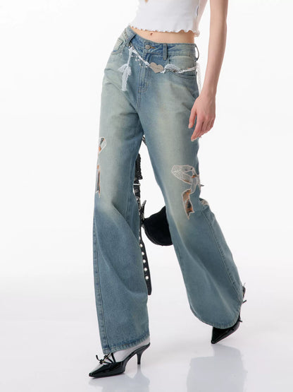 Bow Embroidered Wide-Leg Jeans | High Waist Slim Fit Micro Flare Design