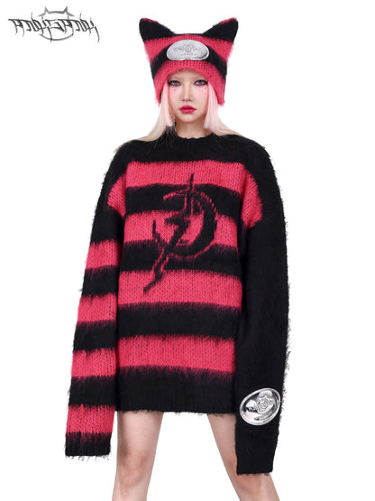 Electric Moon Black and Pink Striped Rock Punk Loose Unisex Y2K Sweater