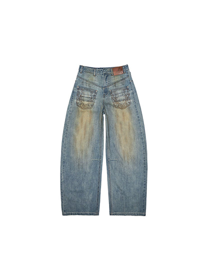 Clay-Dyed Blue Distressed Embroidered Jeans – Deconstructed Low-Rise Fit