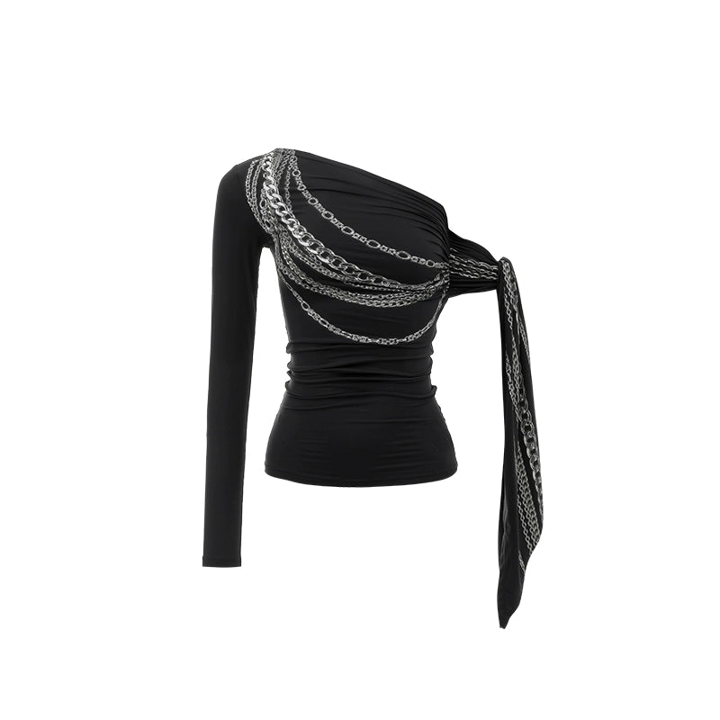 Chain Print Off-Shoulder Streamer Vest – French Style Slim Fit Tee