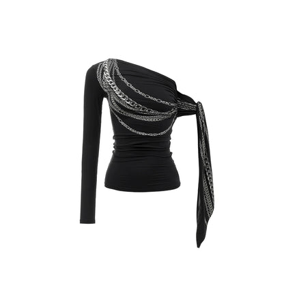 Chain Print Off-Shoulder Streamer Vest – French Style Slim Fit Tee