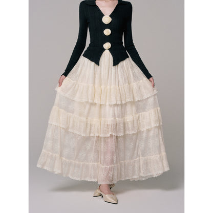 Dark Lace Cake Skirt with High-Waist Design (Niche Style)