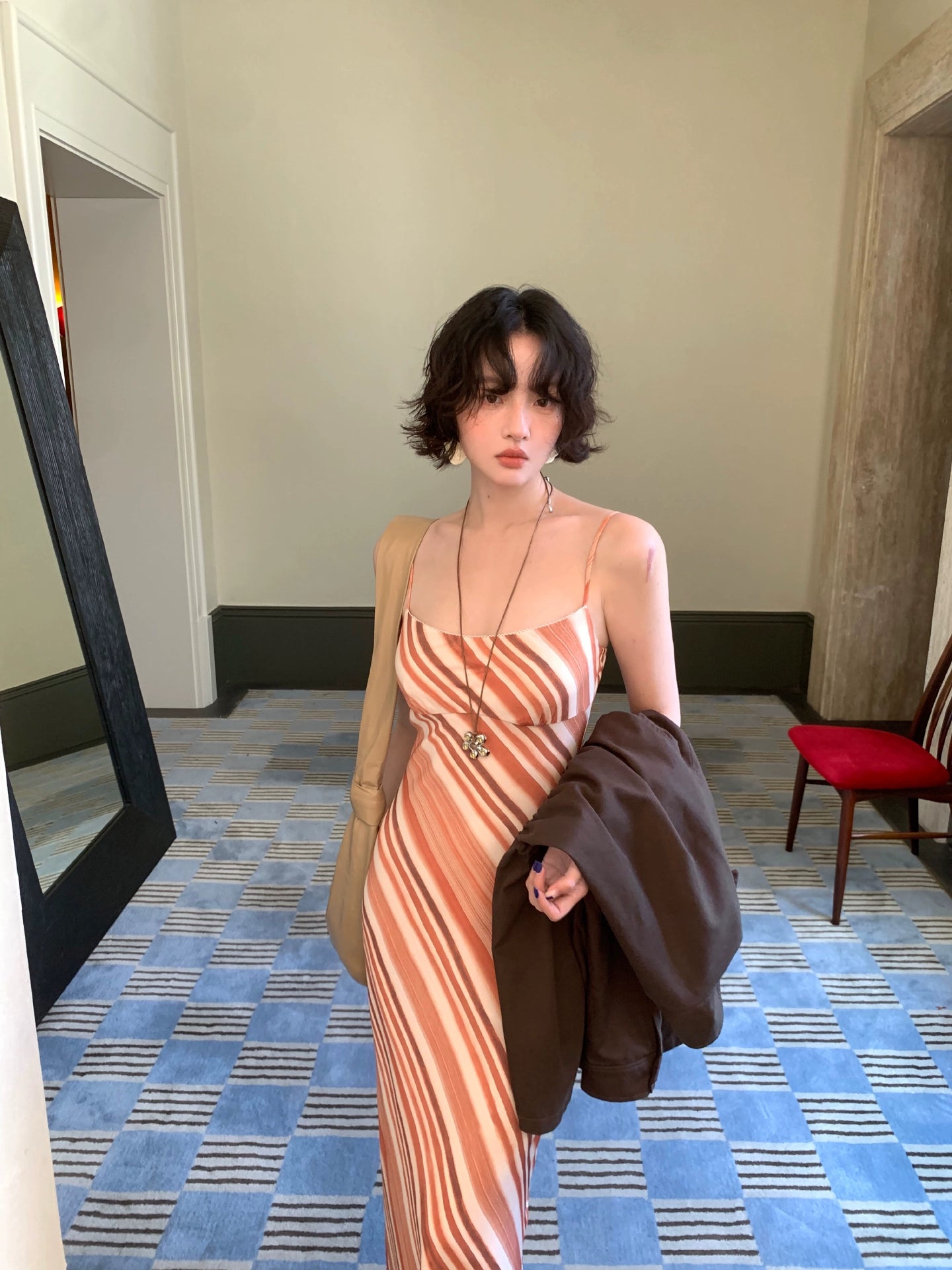 Orange Trace Draped Stripe Slip Dress – French Retro Layered Long Dress