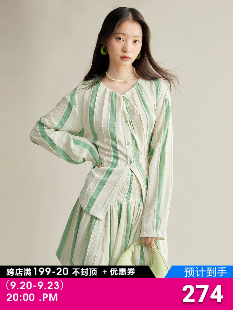 Original Design Grass and Wood Elf Cream Green Stripe Bubble Texture Knitted Cardigan Half Skirt Set