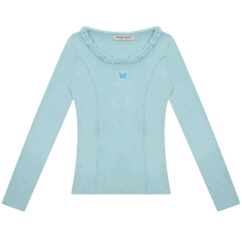 Butterfly Embroidered High Neck Knit Top | Slim Fit for Autumn/Winter