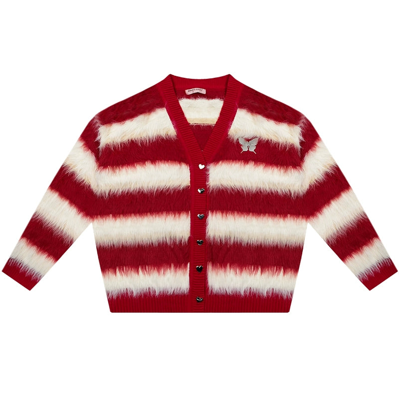 Red Christmas Stripe Knitted Sweater | Soft Thick New Year’s Open Cardigan for Autumn/Winter