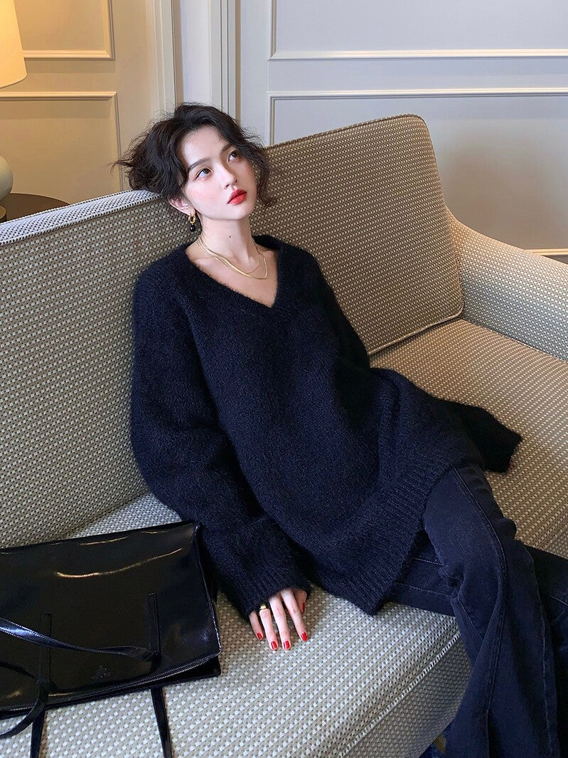 Soft V-Neck Sweater & Flared Denim Set