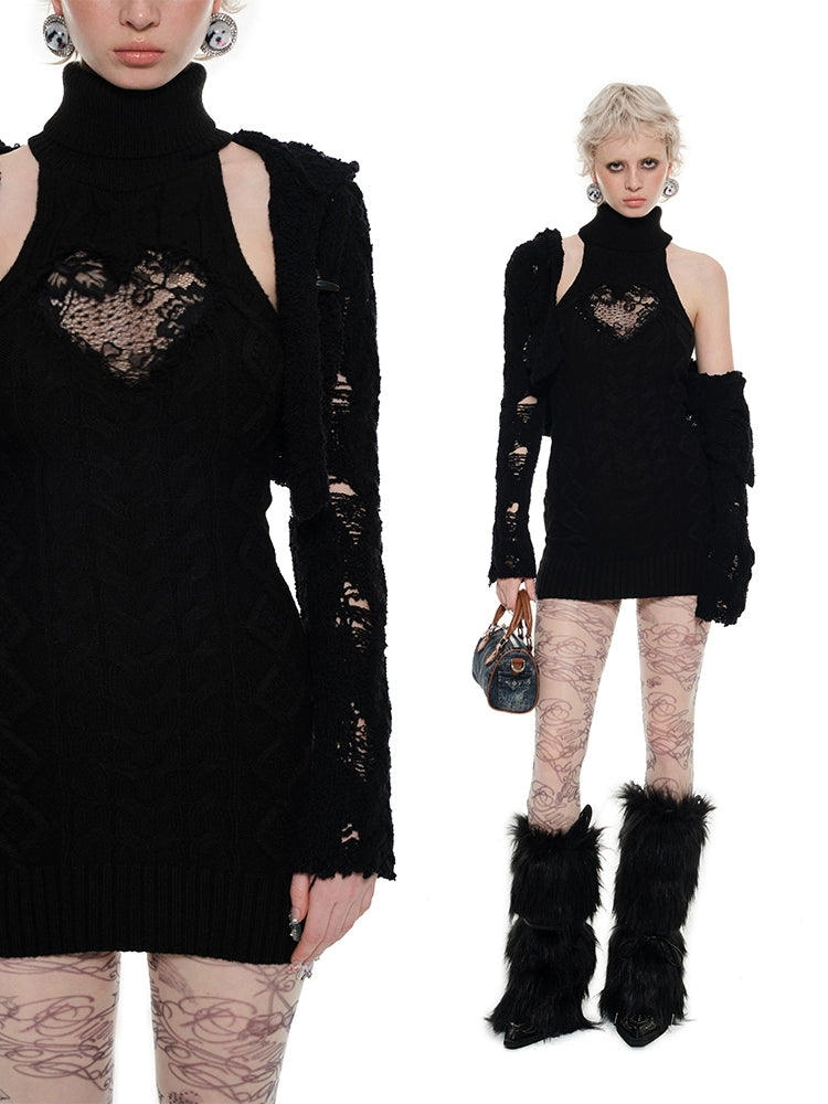 High-Neck Knit Vest Dress – Cinched Waist Lace Fall Sweater