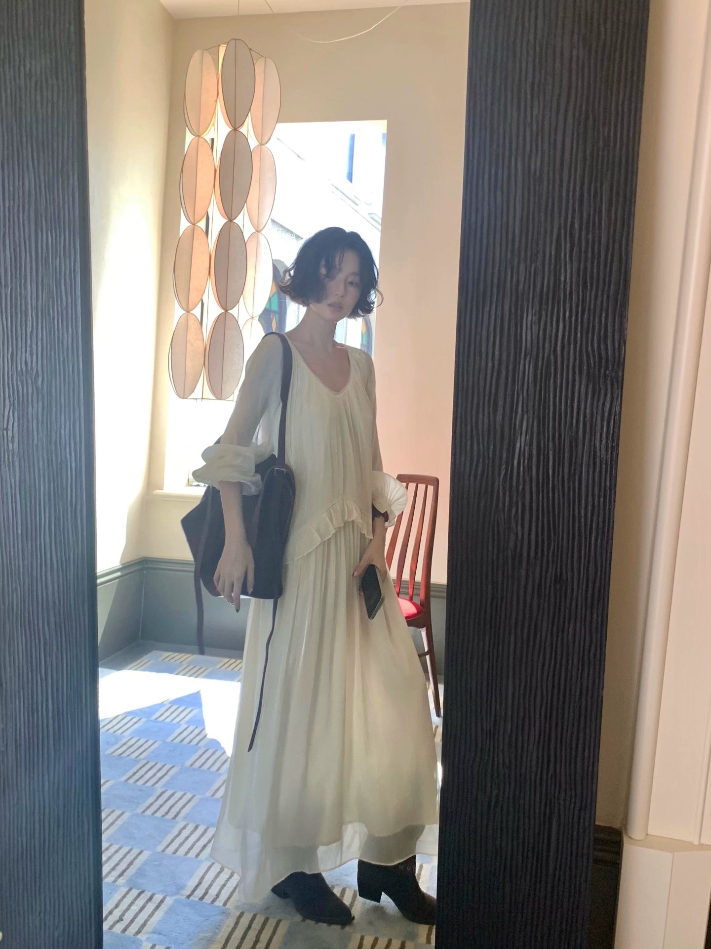 French Retro Pleated Ruffle V-Neck Long Sleeve Dress – Elegant Autumn Style