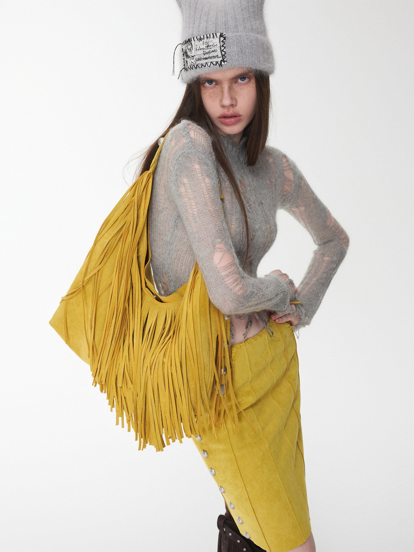 Suede Studded Tassel Tote Bag