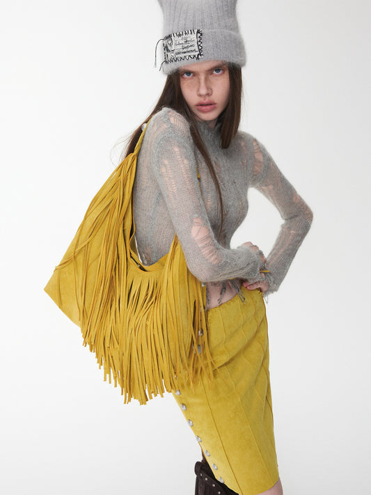 Suede Studded Tassel Tote Bag