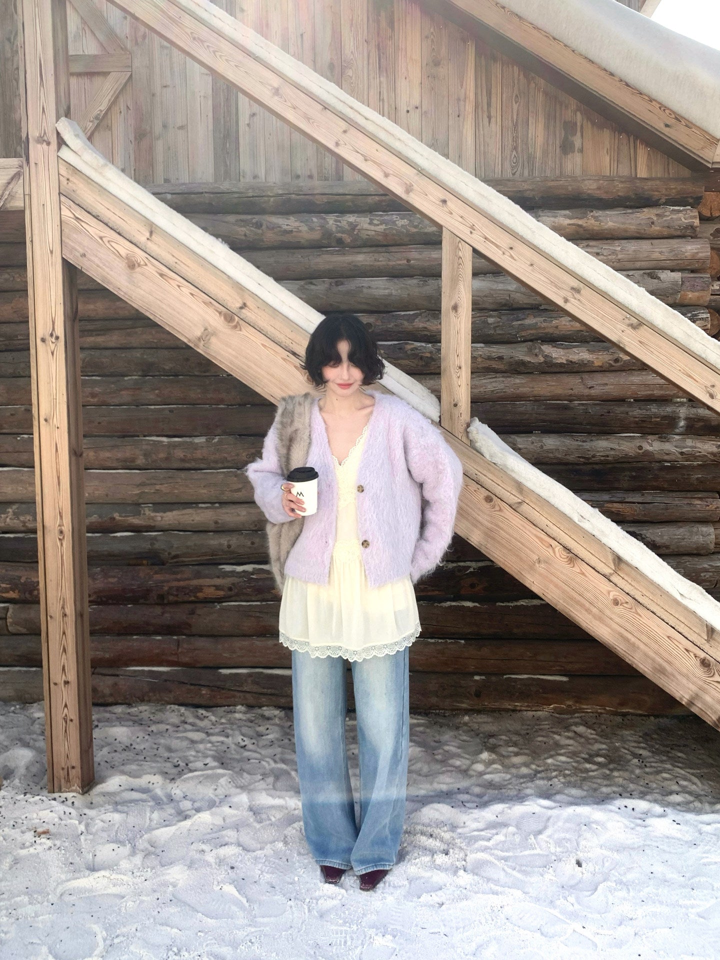 Fleece-Lined Wide-Leg Denim Pants