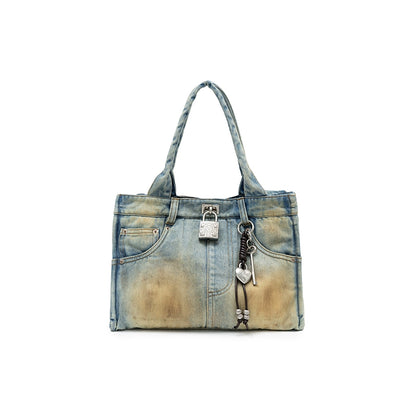 Vintage Distressed Embroidered Denim Tote Bag – Premium Shoulder Bag