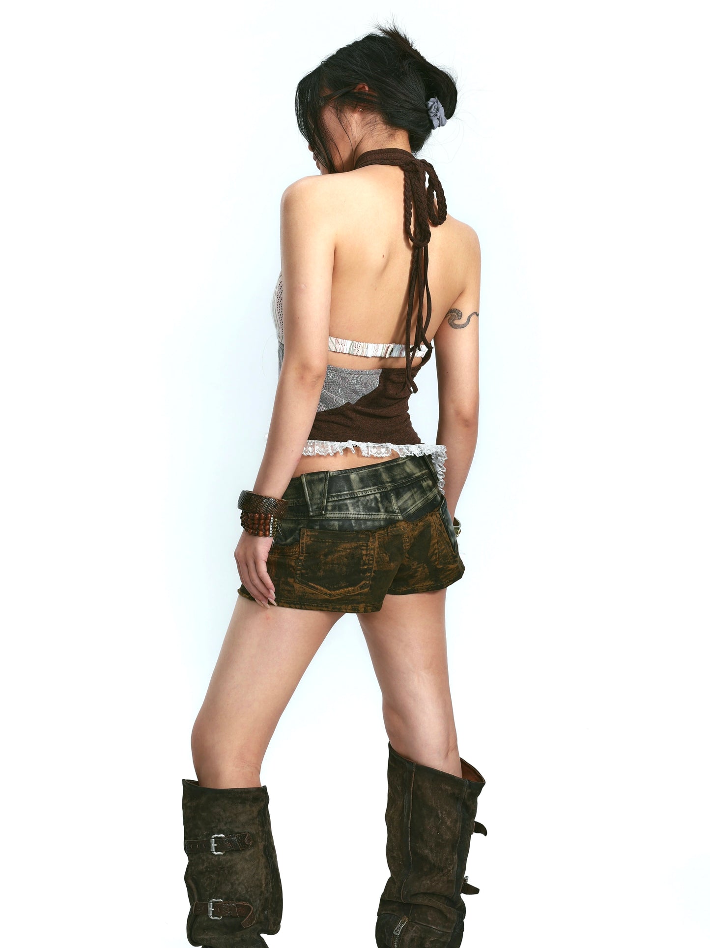 Leather Panel Slim Shorts – Rugged Vintage Finish