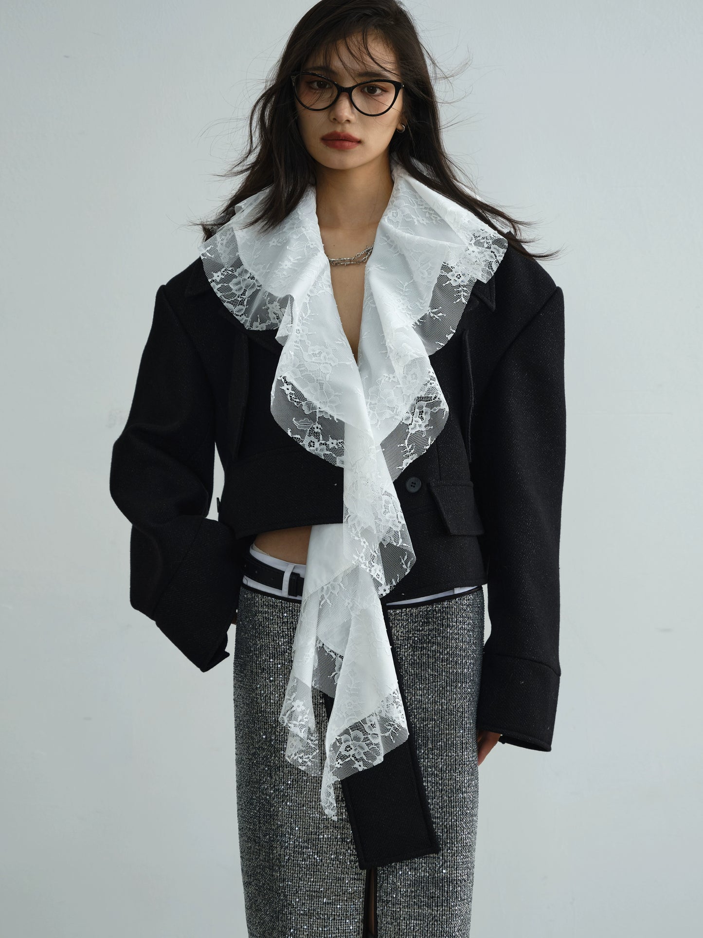 Detachable Lace Ruffle Woolen Short Coat