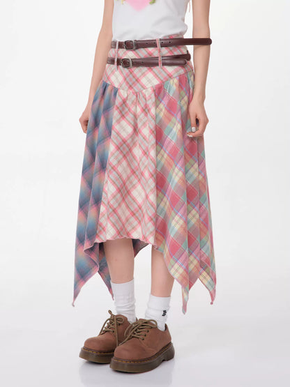 Contrast Plaid Grid Skirt | High Waist Slim Fit Medium Length Spring/Summer Design