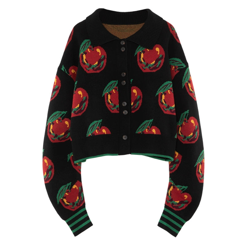 Oil Painting Red Apple Horn Sleeve Sweater Cardigan