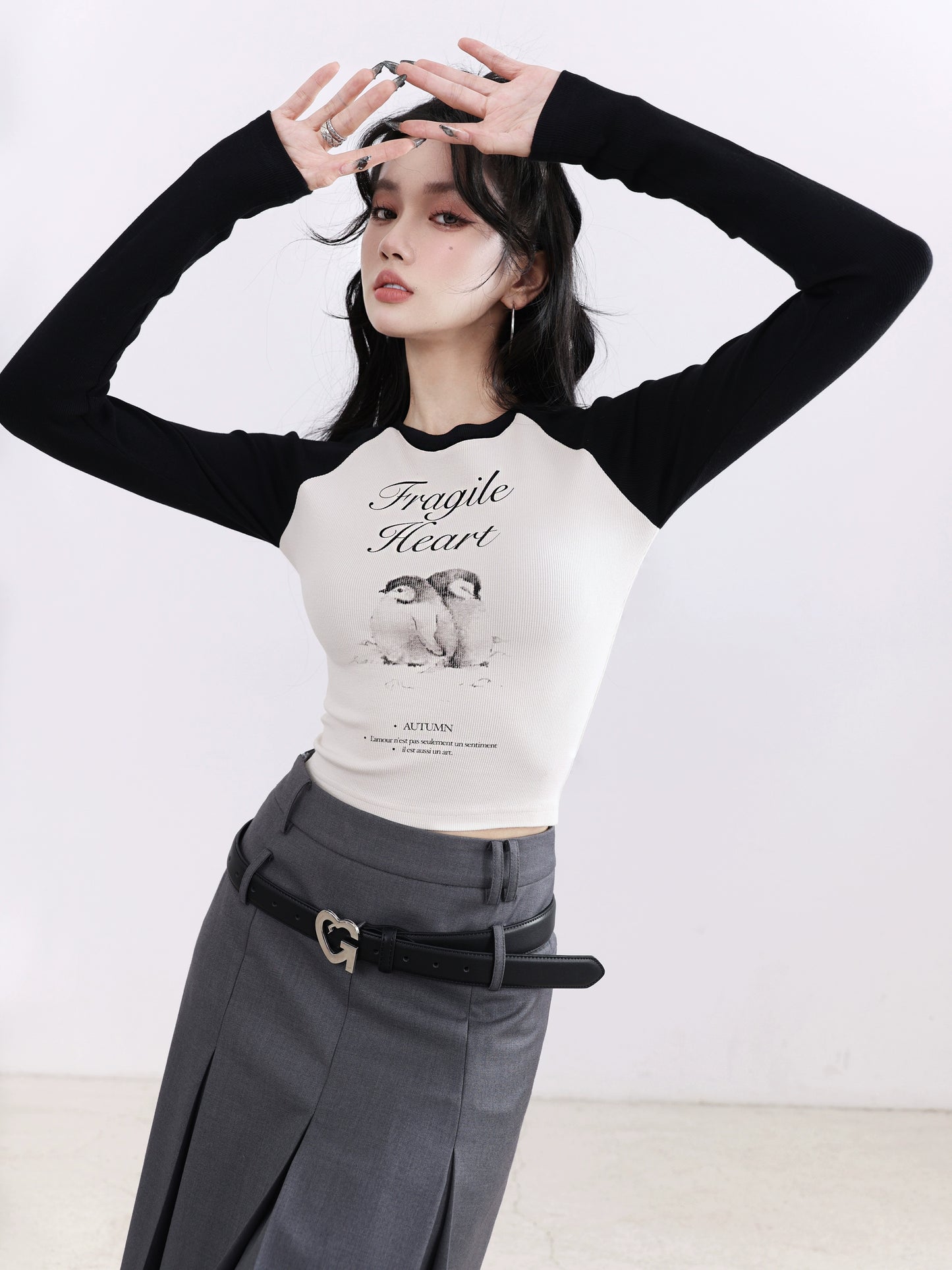 Penguin Print Raglan Sleeves Color Blocking T-shirt