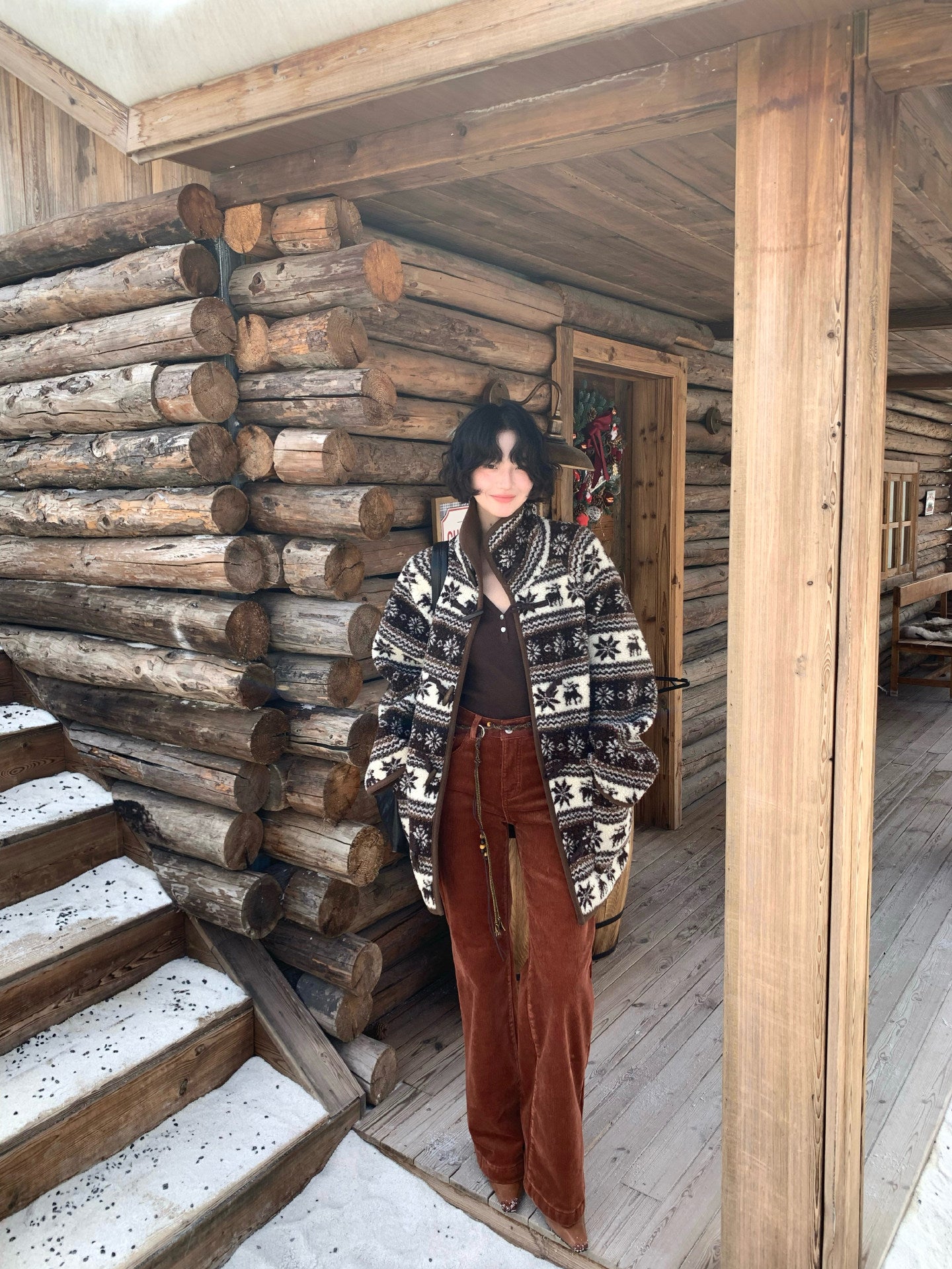 Snowy Deer Walk Christmas Faux Shearling Coat