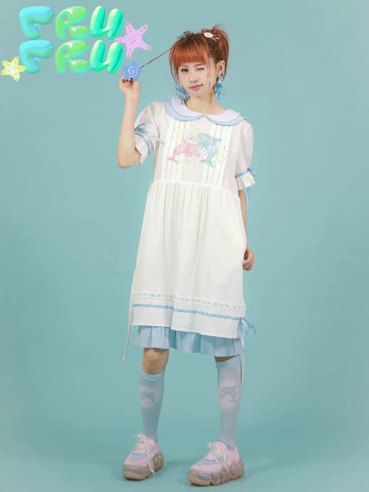 Gollum Store Original Cute Girly Textured White Doll Collar Summer Printed Dress