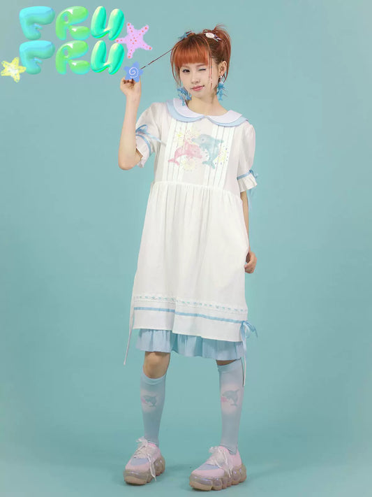 Gollum Store Original Cute Girly Textured White Doll Collar Summer Printed Dress
