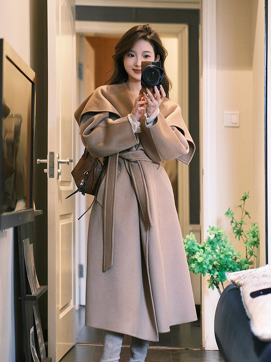 Camel Double-Sided Cashmere Coat – Hepburn-Style Mid-Length Woolen Elegance