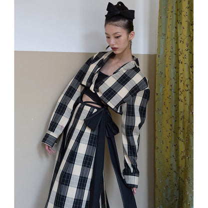 Autumn Lace-Up Colored Weaving Plaid Short Coat T3