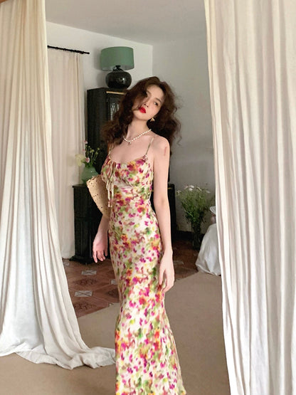 French Vintage Rose Dress: Summer's Fish Tail Elegance