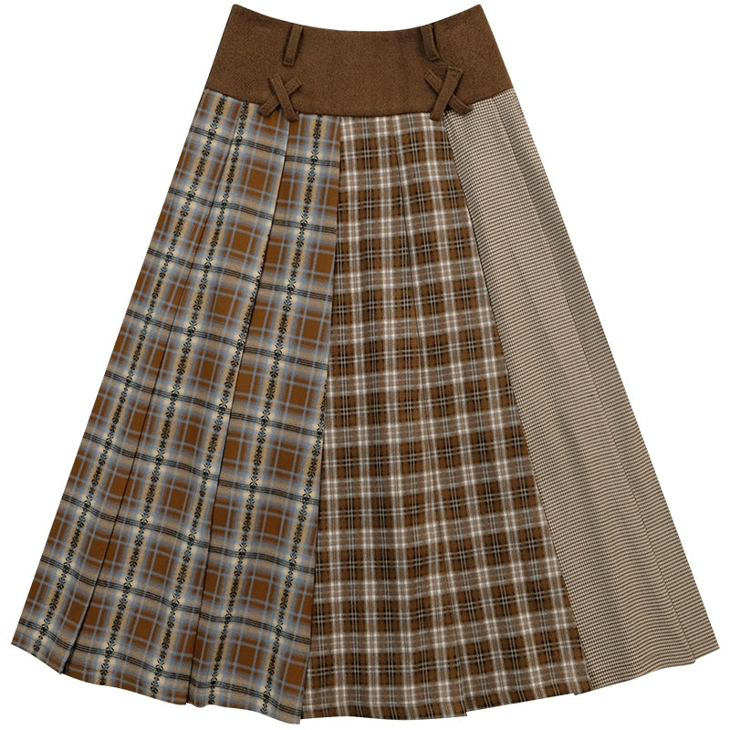 Checkered Wool Pleated Skirt | Retro Spliced Design for Autumn/Winter