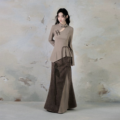 Mist Dyed Iris New Chinese Style Button Top Skirt Set