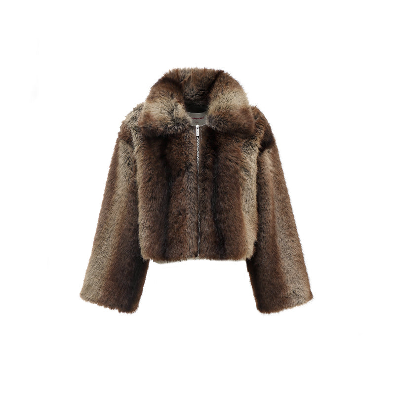Gradient Eco-Fur Fur Jacket Women's Loose Warm Winter Crop Top