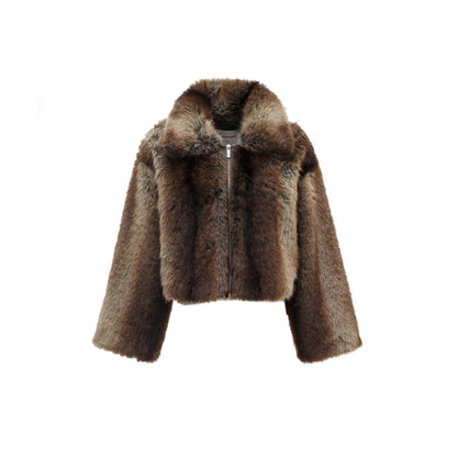 Gradient Eco-Fur Fur Jacket Women's Loose Warm Winter Crop Top