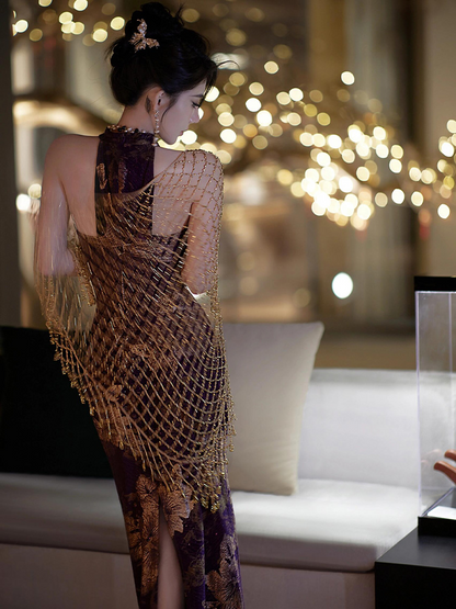 Modern Cheongsam – High-End Purple Jacquard Hip-Wrap Dress