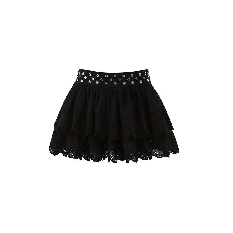 Vintage Star-Studded Jacquard Skirt – Double Layer Cake Silhouette