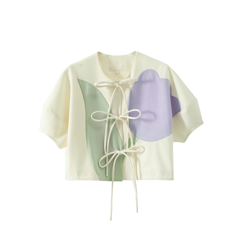 Original Design Flower Tender and Contrast Tulip Bow Short Sleeve Top Half Skirt Set