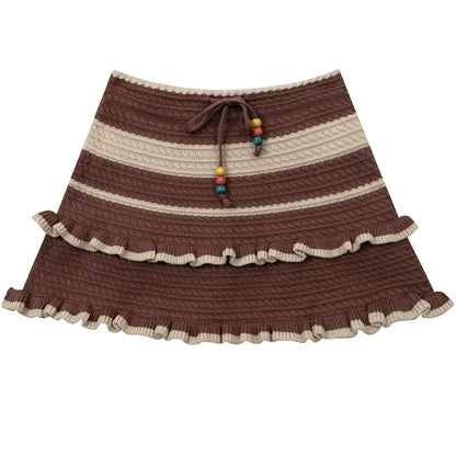 Brown Striped A-Line Wool Skirt | Slim Fit High Waist Knit Design for Autumn/Winter