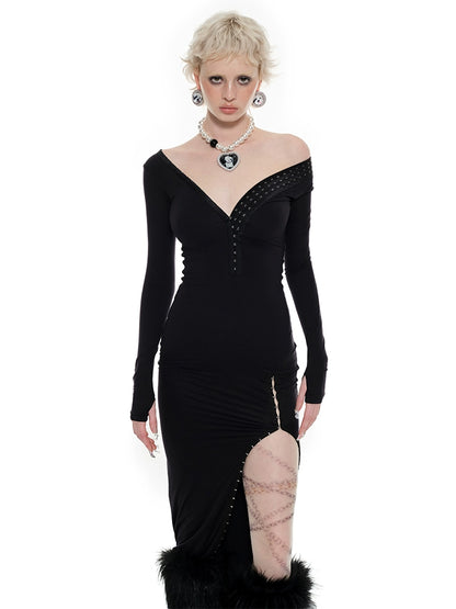 Hook-Button Maxi Dress – V-Neck Slim Fit with Cinched Waist