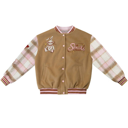 Rabbit Embroidered Wool Checkered Jacket | Retro Baseball Style for Autumn/Winter