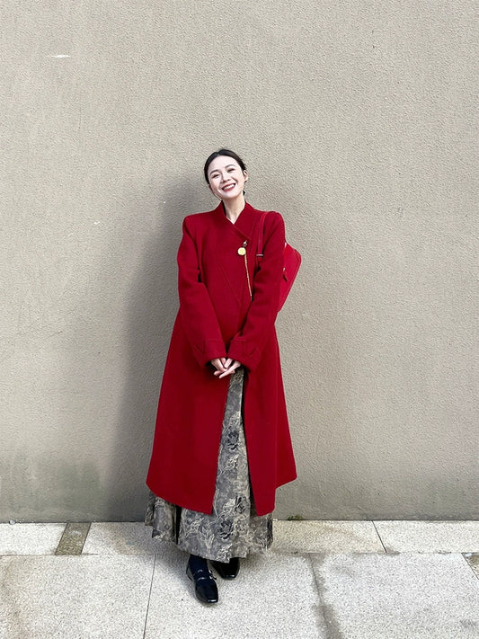 New Chinese Red Cashmere Coat – Elegant New Year’s Robe & Engagement Jacket