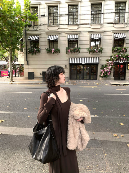 Plain Shadow Scarf-Neck Maxi Dress