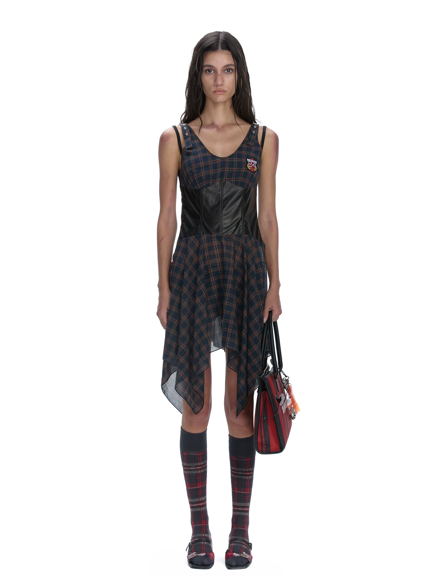 Leather Belted Plaid Dress | Irregular Thin Style for Date Parties