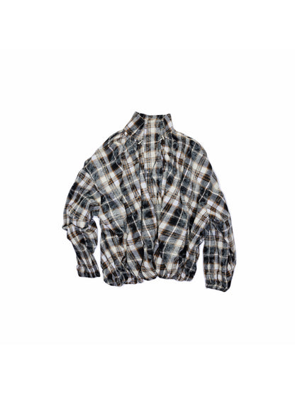 Plaid Pleated Stand-Collar Jacket