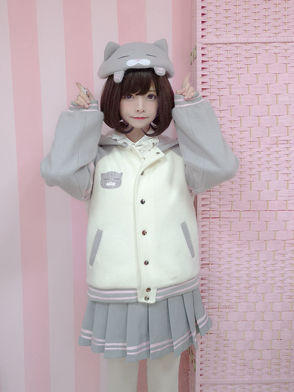 Mourning Cat Soft Color-Blocked Tweed Baseball Jacket + Pleated Skirt Set