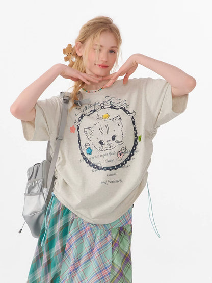 Cat Print Loose T-shirt | Drawstring Round Neck Short Sleeve for Summer