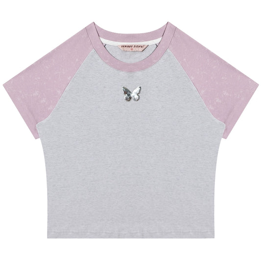 Contrast Stitch Raglan Sleeve T-shirt | Metal Butterfly Short Sleeve for Summer