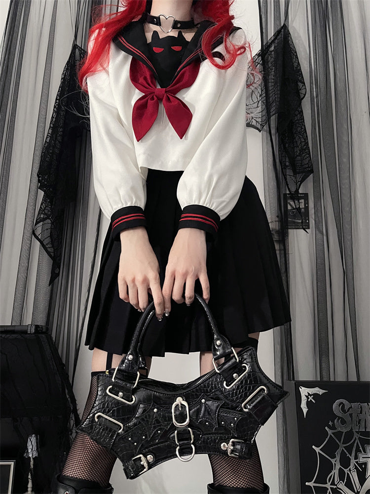 JK Uniform with Little Demon Embroidery Long-Sleeve Top