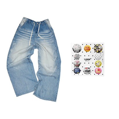 Light Blue Mud-Dyed Badge Wide-Leg Jeans – Vintage Scratched Wash Denim