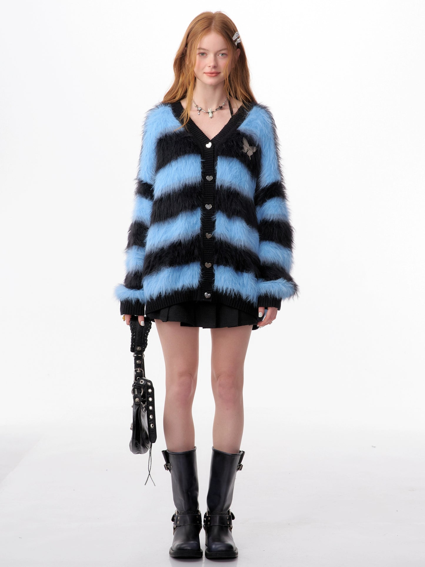 Blue-Black Striped Sweater Cardigan | Soft and Thick Retro Lazy Style for Autumn/Winter