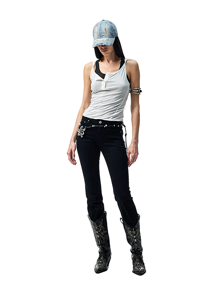 [Celebrity Style] Contrast U-Neck Racer Vest – Slim Fit Layered Base Top